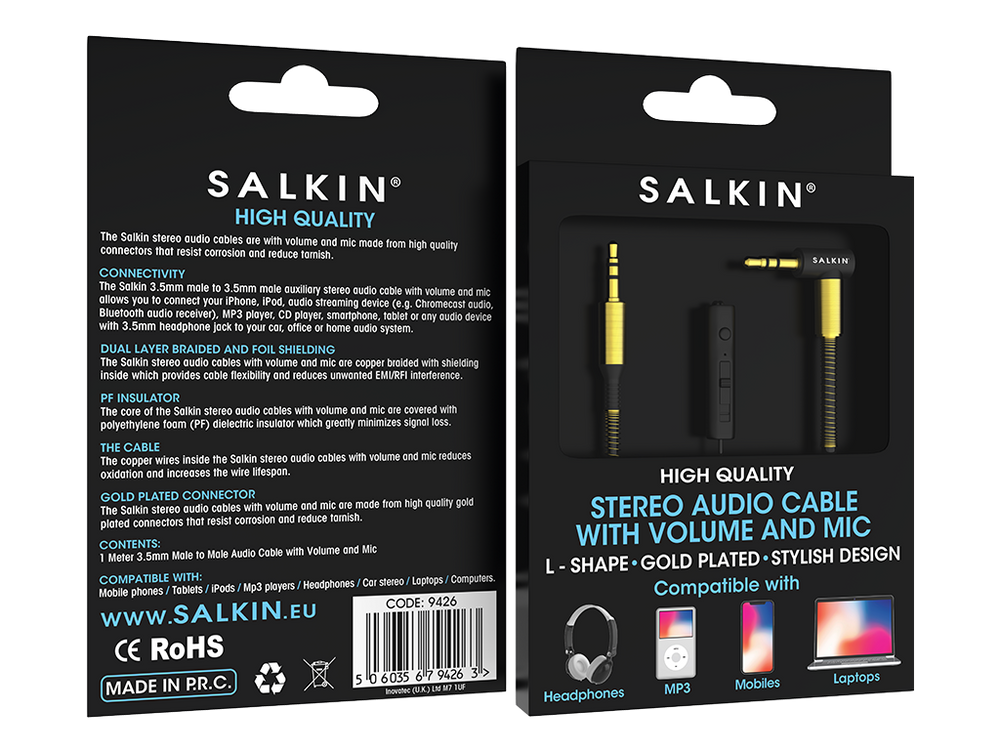 Salkin Audio Stereo Cable with Volume Control and Microphone – Gold - Salkin